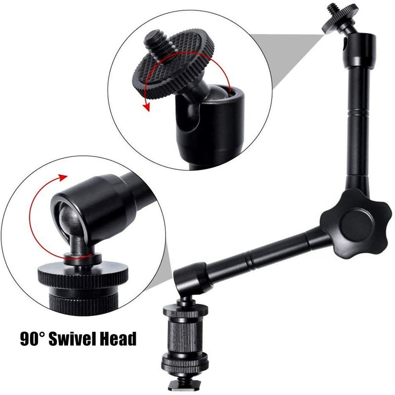 WANBY 11 Inch Articulating Friction Magic Arm Adjustable w/Hot Shoe Mount 1/4'' Tripod Screw for Camera Rig, LCD Monitor, LED Flash Lights (11'Arm & Clip) - Image 4